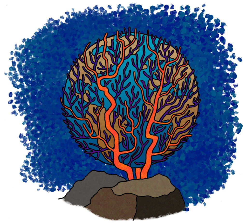Corail illustré tenant le monde