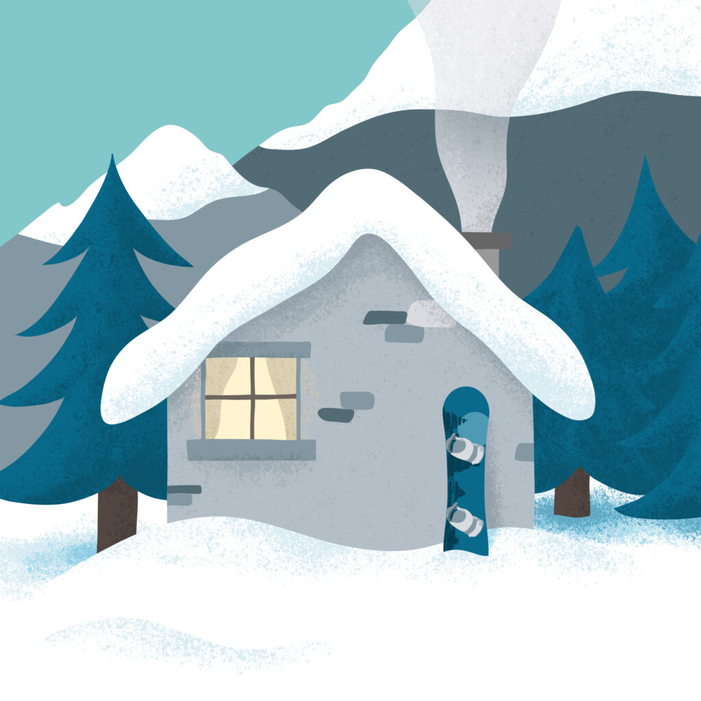 Hiver illustré par une maison et sa cheminée au milieu de la neige en montagne