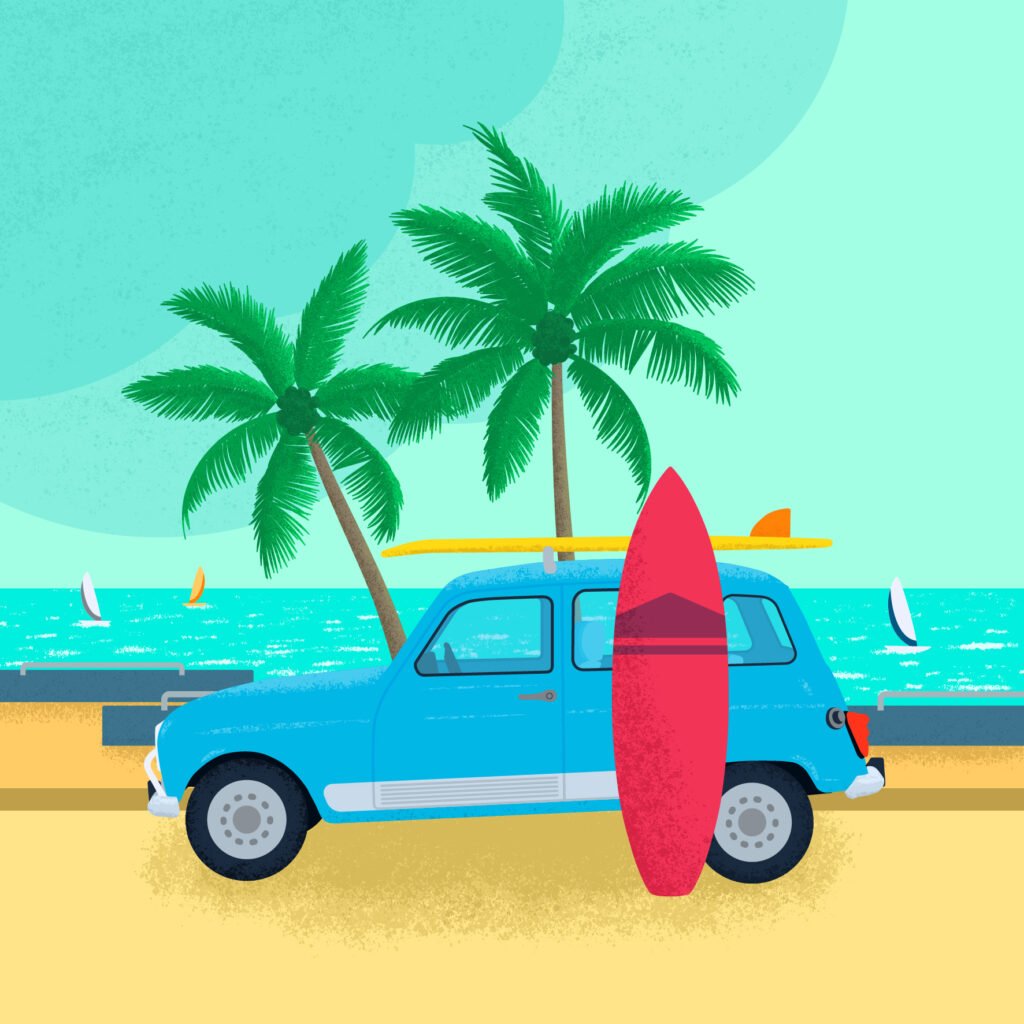 Printemps illustré avec un surf en bord de plage