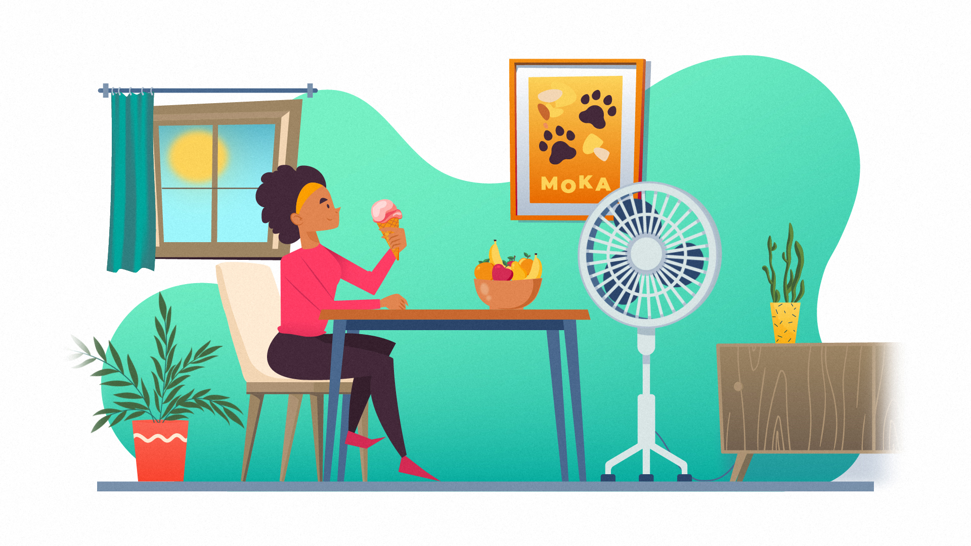 Personnage qui a chaud et mange une glace devant un ventilateur